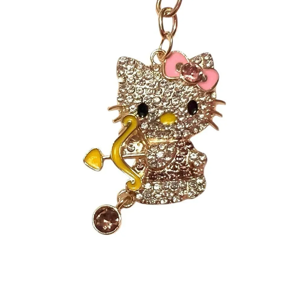 Cute Cupid Hello Kitty Purple And Clear Crystal Yellow Bow Keychain